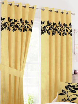 Luxury Velvet Curtains Pair with Floral Border Beige