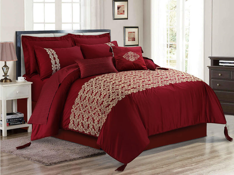 MAROON EMBROIDERED  BED SET COTTON SATIN 8PCS-QUEEN TC-400