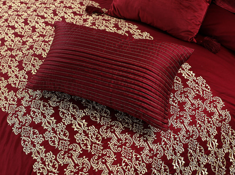 MAROON EMBROIDERED  BED SET COTTON SATIN 8PCS-QUEEN TC-400