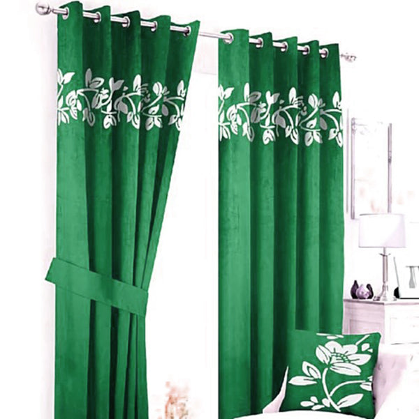Luxury Velvet Curtains Pair with Floral Border Green