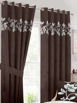 Luxury Velvet Curtains Pair with Floral Border Chocolate Brown
