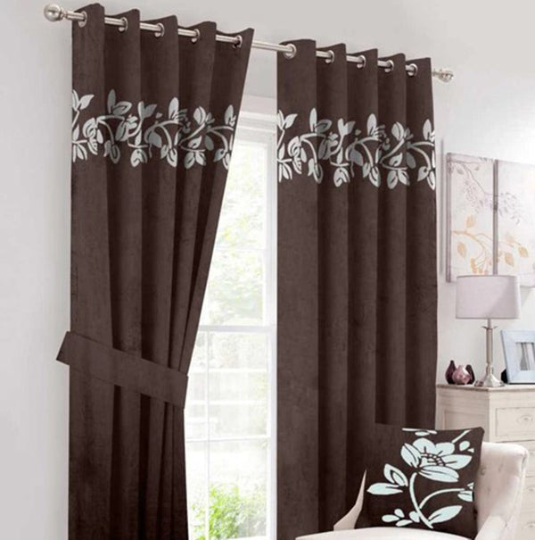 Luxury Velvet Curtains Pair with Floral Border Chocolate Brown