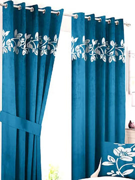 Luxury Velvet Curtains Pair with Floral Border Sky Blue