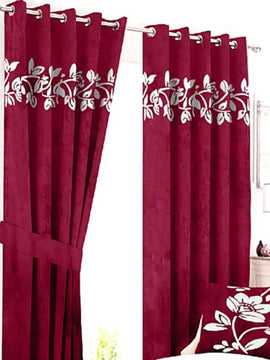 Luxury Velvet Curtains Pair with Floral Border Maroon