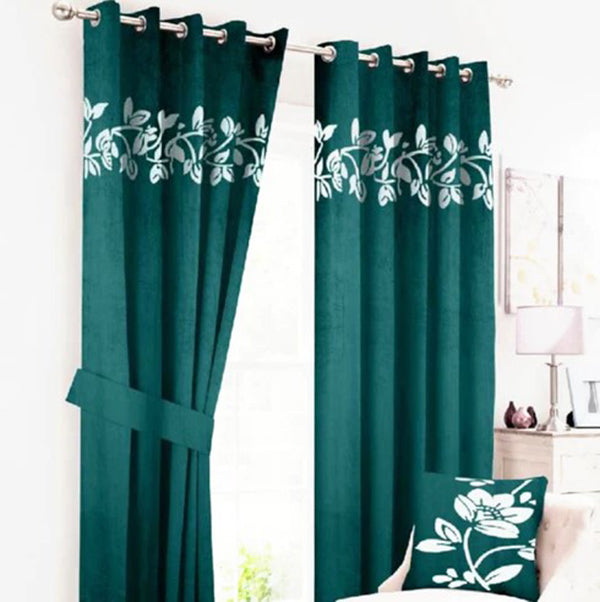 Luxury Velvet Curtains Pair with Floral Border Zink