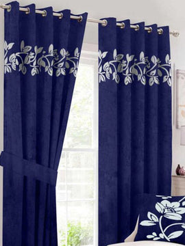 Luxury Velvet Curtains Pair with Floral Border Blue