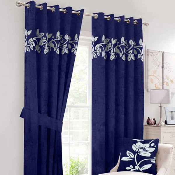 Luxury Velvet Curtains Pair with Floral Border Blue