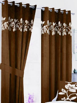 Luxury Velvet Curtains Pair with Floral Border Brown