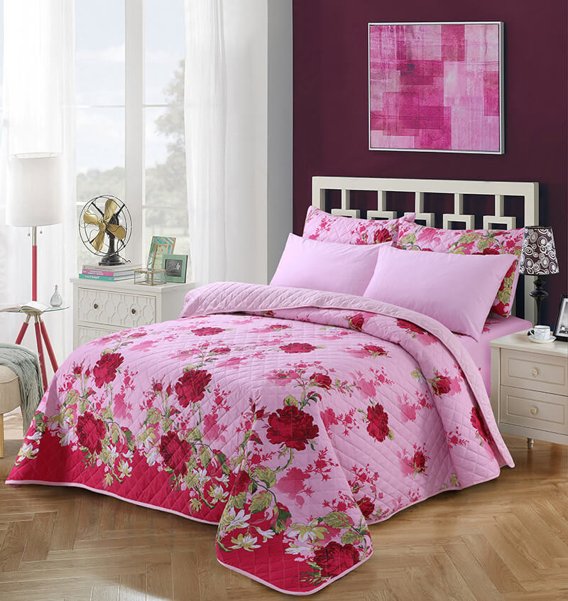 COMFORTER BEDSPREAD 6PCS- PINK WITH FREE 1 EXTRA BED SHEET